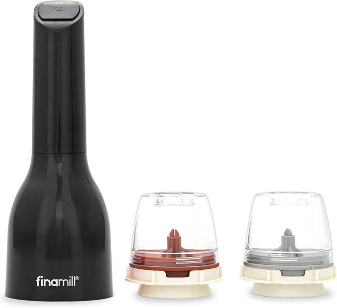 FinaMill Classic Battery Spice Mill – Battery Operated Salt and Pepper Grinder Set, Includes 2 Interchangeable Spice Pods, Adjustable Coarseness, Ceramic Grinder, LED Light, Kitchen Gifts for Women