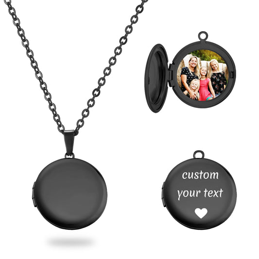 PHOCKSIN Glossy Black Lockets Round Personalized Locket Necklace Custom Photo Lockets for Women Picture Locket Necklaces withe Text Engraved Customized Gifts for Women