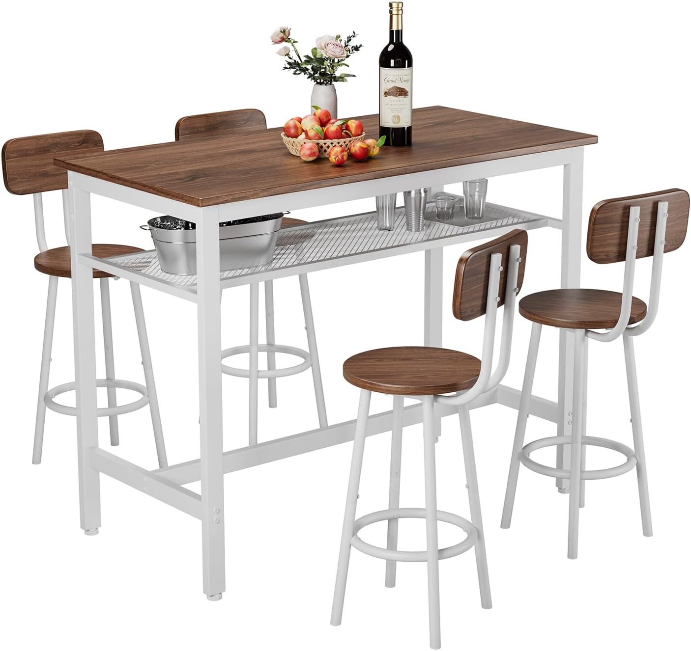 5-Piece Bar Table and Chairs Set, 43.3'' Pub Table Set Modern Small Table and Chairs Set of 4 for Breakfast Nook Living Room Small Space Restaurant, Wooden