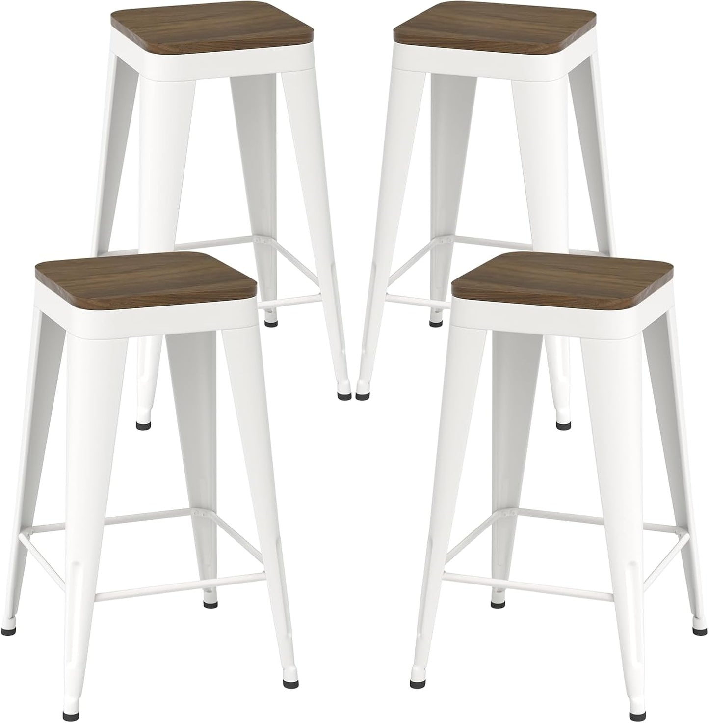 26 inch Backless Bar Stools Set of 4, Indoor Metal Bar Stools with Wood Seat, Industrial Counter Height Barstools for Kitchen Island, White