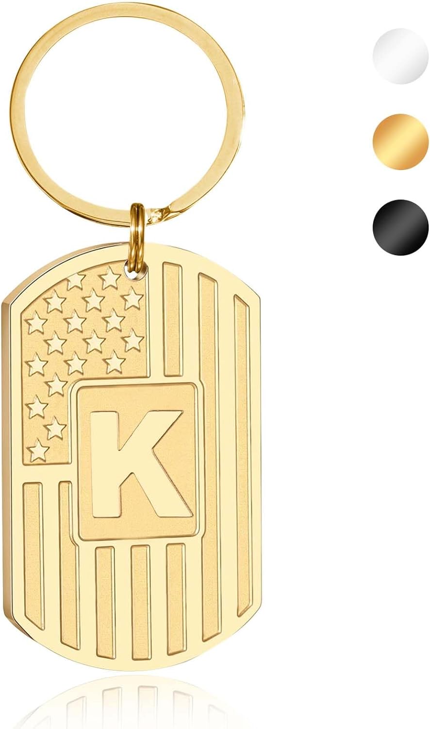 Initial Keychain Gifts for Men,A-Z Letter American Flag Dog Tag Stainless Steel Keychain,Mens Accessories Gift