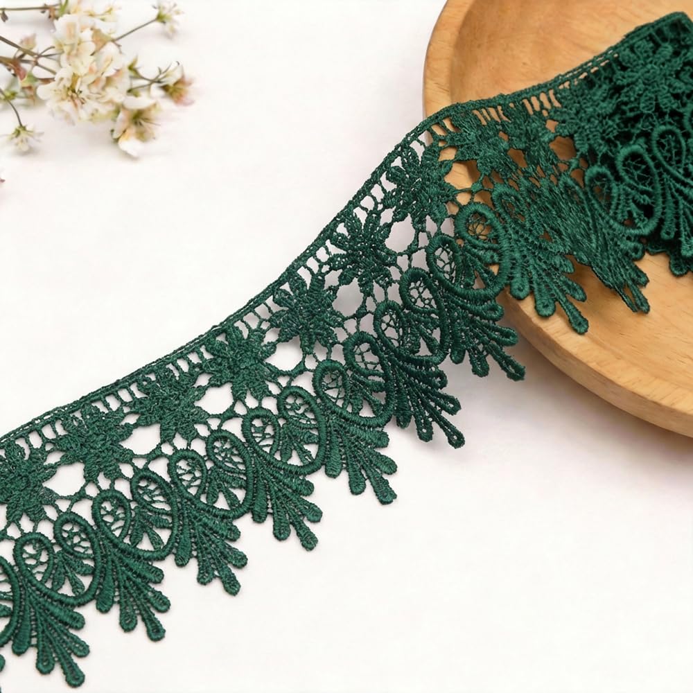 Pocoxll 15 Yards Floral Lace Trim, 8.5CM Wide Lace Ribbon, Embroidered Ribbon Floral Edge Trim for Sewing Crafts, Gift Wrapping and Wedding Decor (Dark Green)