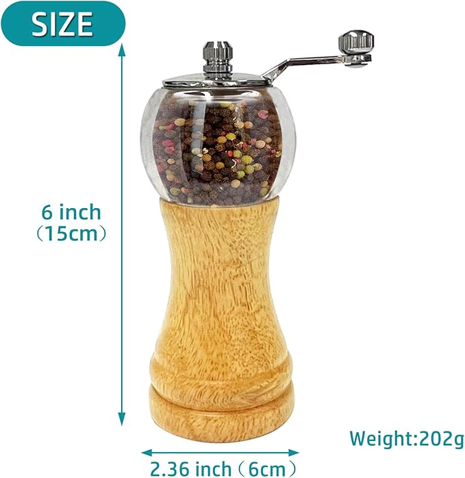 Salt and Pepper Grinder Set Hand Crank Salt and Pepper Mill Classical Wooden Salt Grinder Manual Acrylic Pepper Shaker with Adjustable Coarseness for Home Kitchen (Burlywood 1pcs-6in)