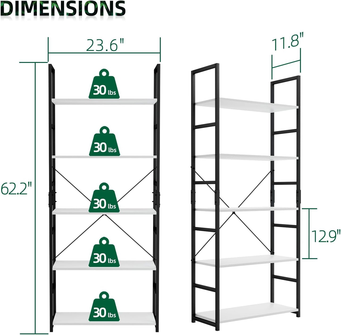 OTK 5 Tier Bookshelf, Tall Bookcase, Office Shelf Storage Organizer, Modern Book Shelf for Living Room, Bedroom, and Home Office, White
