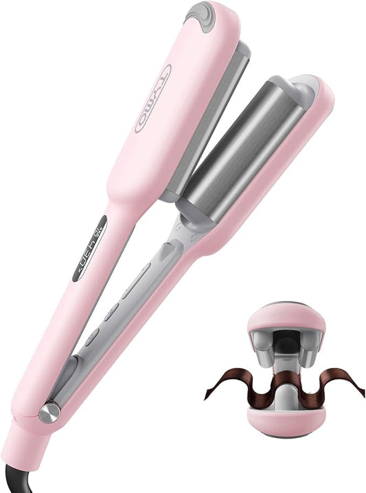 Curling Iron Hair Crimper Waver - TYMO ROVY Beach Waves Curling Wand, Ionic Deep Waver Hair Curler Tool with Ceramic 3 Barrel for Women, Dual Voltage, Anti-Scald, Easy to Use, Pink, 1 Inch