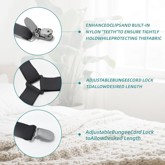 Sheet Retainer Straps,Elasticated Adjustable Mattress Sheet Clip Retainer,Keeps Sheets and Mattress Firm and Tight,for Anti-Slip and Anti-Wrinkle Sheets,Suitable of Mattresses,Black