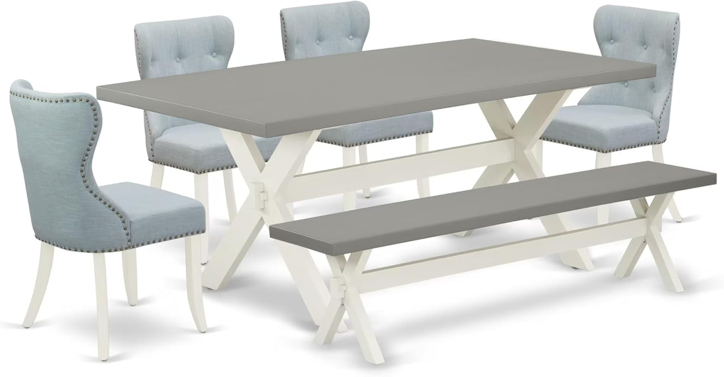 East West Furniture X097SI215-6 6 Piece Dining Set Contains a Rectangle Dining Room Table with X-Legs and 4 Baby Blue Linen Fabric Parson Chairs with a Bench, 40x72 Inch, Multi-Color