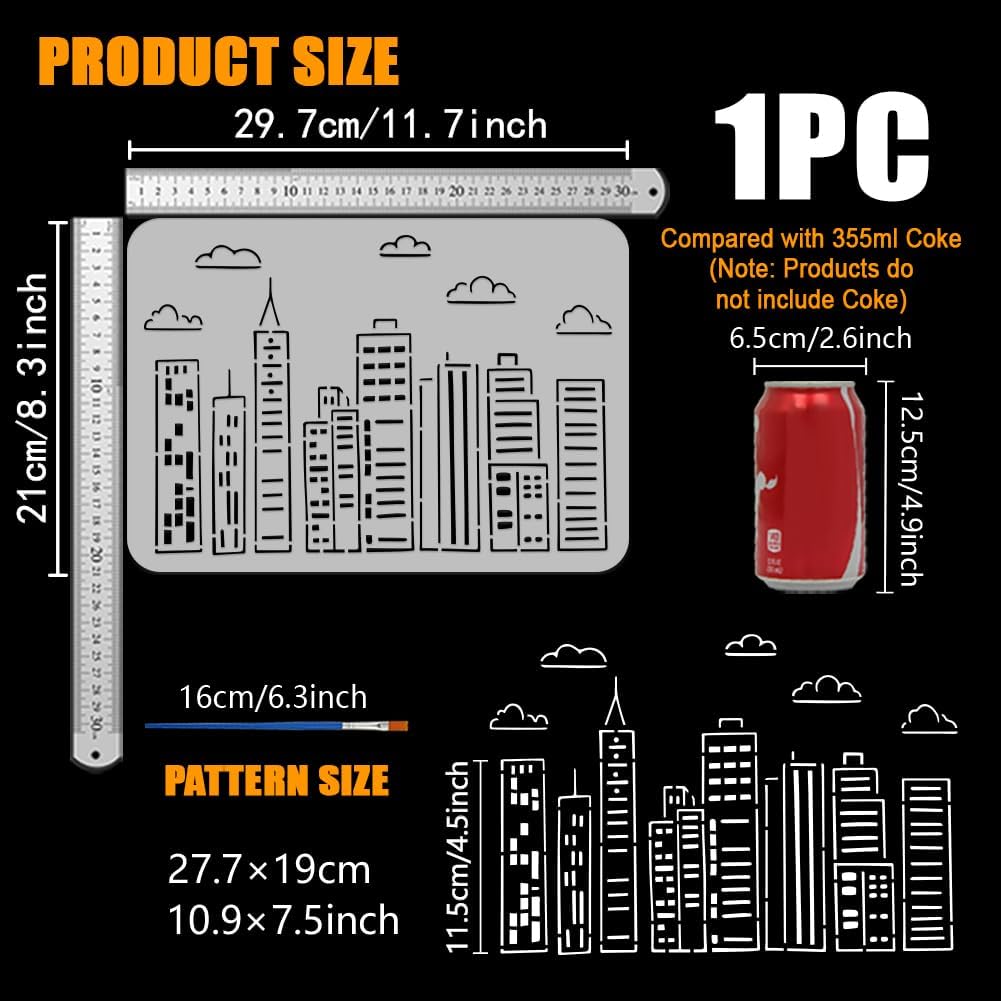 FINGERINSPIRE Cartoon Graffiti Skyline Stencil with Paint Brush 8.3x11.7inch Cartoon Cityscape Template City Buildings Pattern Painting Stencil Cityscape Skyline Template for Painting on Wood Wall