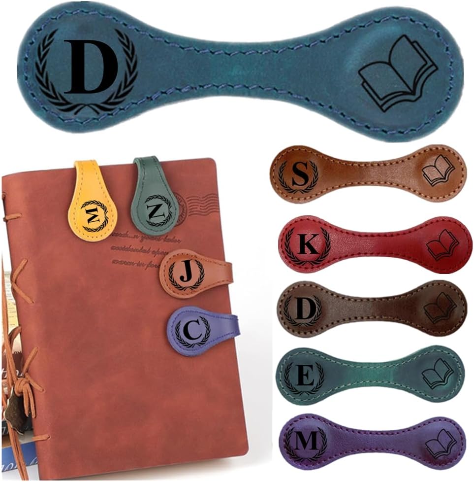 Personlized Magnetic Leather Bookmarks with Initials, Customized Book Marks Clip 26 Letters Bookmark for Reading Women, Men, Kids,Cute Book Markers Meaningful Gift for Book Lovers (Blue, D)