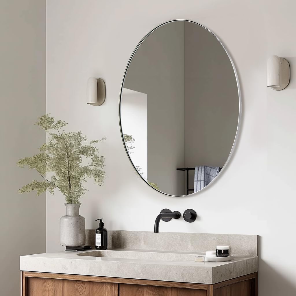 ANDY STAR Chrome Bathroom Mirror, Oval Chrome Mirror for Bathroom 20x28 Inch, Polished Chrome Anti-Rust Stainless Steel Metal Frame for Bathroom