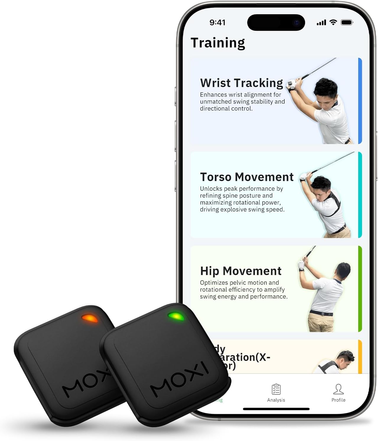 MOXI SwingMotion Golf Swing Analyzer – Dual Wearable IMU Sensors for Real-Time BioFeedback & 3D Visualization via App – Improve Wrist, Torso, Hip & X-Factor with 4 Training Modes