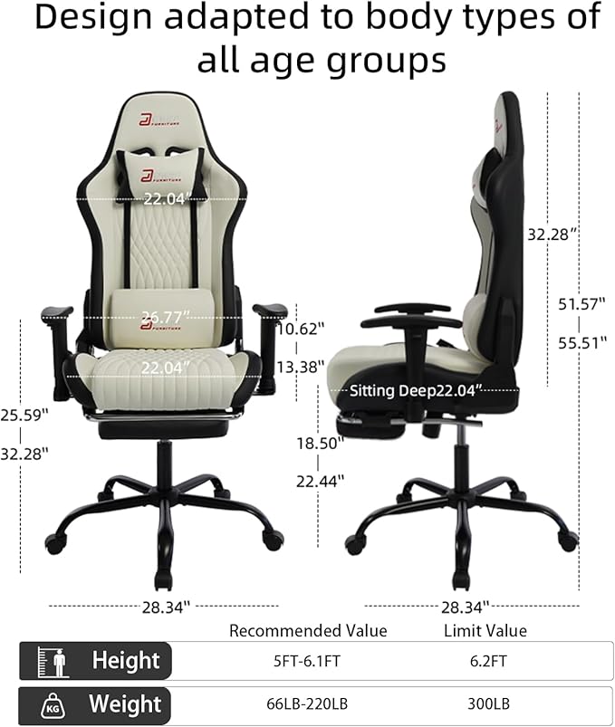 Video Game Chair with Footrest Ergonomic Comfortable Gaming Office Chair Height-Adjustable with a 360° Swivel Base and Headrest(1002-White)