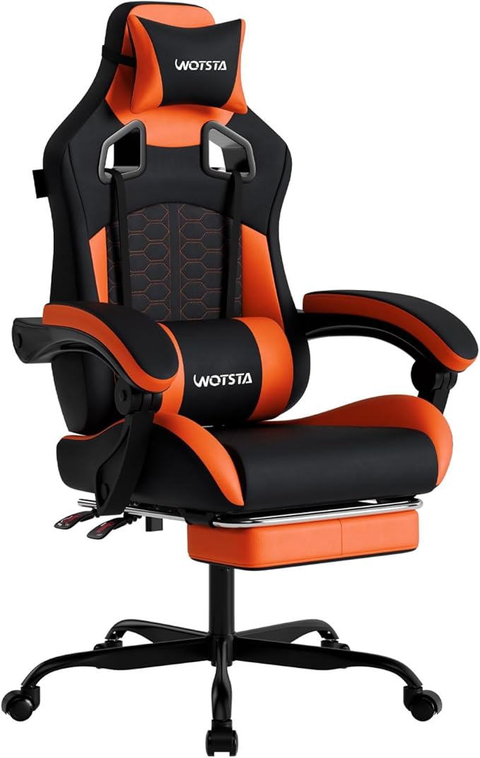 Gaming Chair with Massage,Ergonomic PC Gaming Chair with Footrest Comfortable Headrest and Lumbar Support,High Back Game Chair PVC Leather,300LBS (Black&Orange)