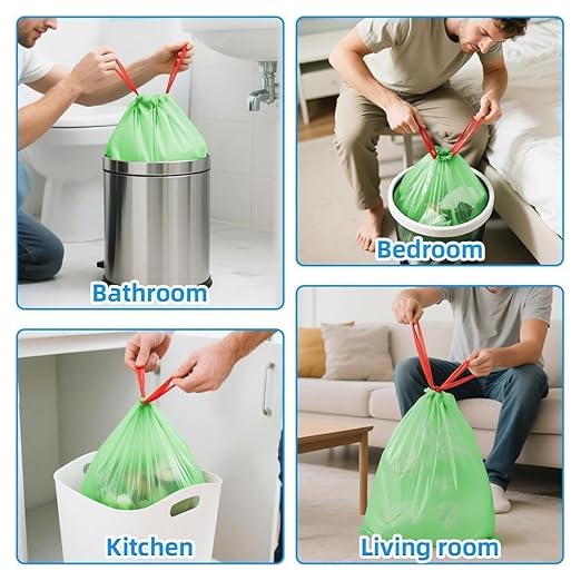OKKEAI 2.6 Gallon Small Trash Bag, 60 Count Drawstring Green Heavy Duty Trash Bags, Tear-Resistant & Leakproof, Mini Wastebasket Liners for Bathroom, Office, Dorms