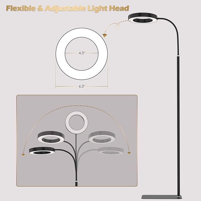 GLOWRIUM Grow Lights for Indoor Plants, Full Spectrum LED Grow Light Floor Lamp with Stand Adjustable Height and Angle, Black Plant Light with 3/9/12H Grow Light Timer (Black, 20W)