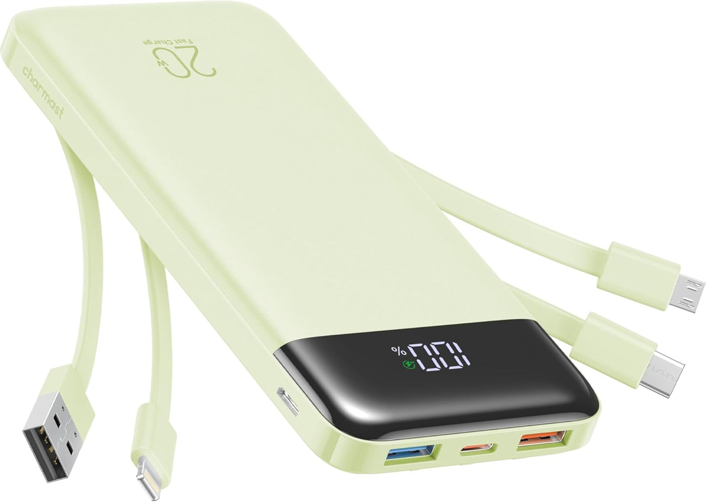 charmast 20000mAh Portable Charger with Built in Cables, 22.5W Travel Power Bank Fast Charging, USB C Cell Phone Battery Pack for iPhone 16/15/14/13/12/11 Series, iPad, Samsung, Android, Tablet