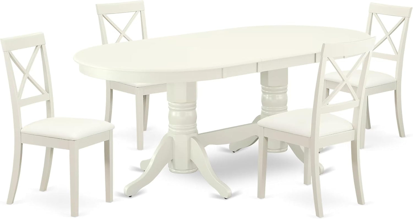 East West Furniture VABO5-LWH-LC 5 Piece Kitchen Table & Chairs Set Includes an Oval Dining Room Table with Butterfly Leaf and 4 Faux Leather Upholstered Chairs, 40x76 Inch, Linen White