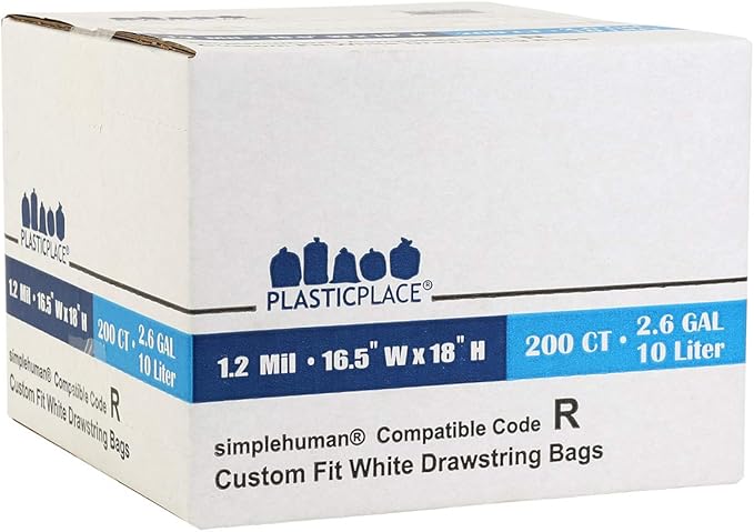 Plasticplace Custom Fit Trash Bags, Compatible with simplehuman Code R (200 Count) White Drawstring Garbage Liners 2.6 Gallon/ 10 Liter 16.5" x 18"