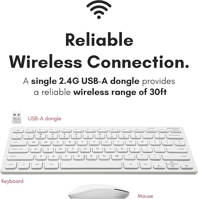 Macally White Wireless Keyboard and Mouse Combo - Quiet Productivity Duo - 2.4G Small Keyboard and Mouse Wireless - 78 Key Quiet Cordless Compact Mouse and Keyboard Combo with Mini Body