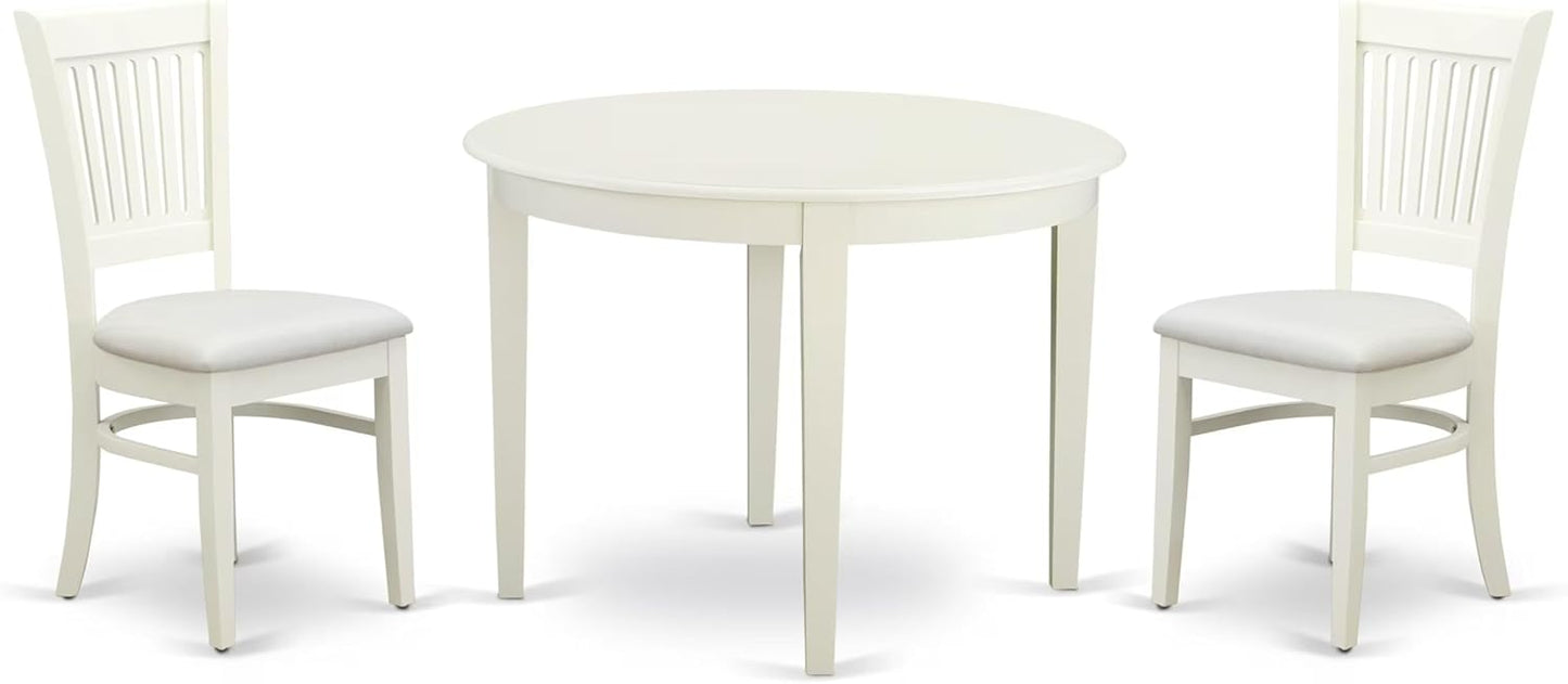 East West Furniture BOVA3-LWH-C 3 Piece Dining Room Furniture Set Contains a Round Dining Table and 2 Linen Fabric Upholstered Chairs, 42x42 Inch, Linen White