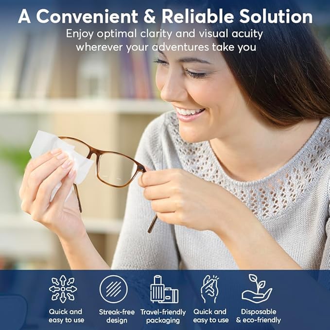 Lens Cleaning Wipes (50 Total Wipes) | Pre-Moistened Individually Wrapped Wipes | Non-Scratching & Non-Streaking | Safe for Eyeglasses, Goggles, & Camera Lens