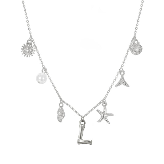 JALZEMPL Initial Charm Necklace For Women Seashell Shell Letter Boho Summer Beach Starfish 14k Gold Plated Silver Pendant Surfer Jewelry Gifts (L,Silver)