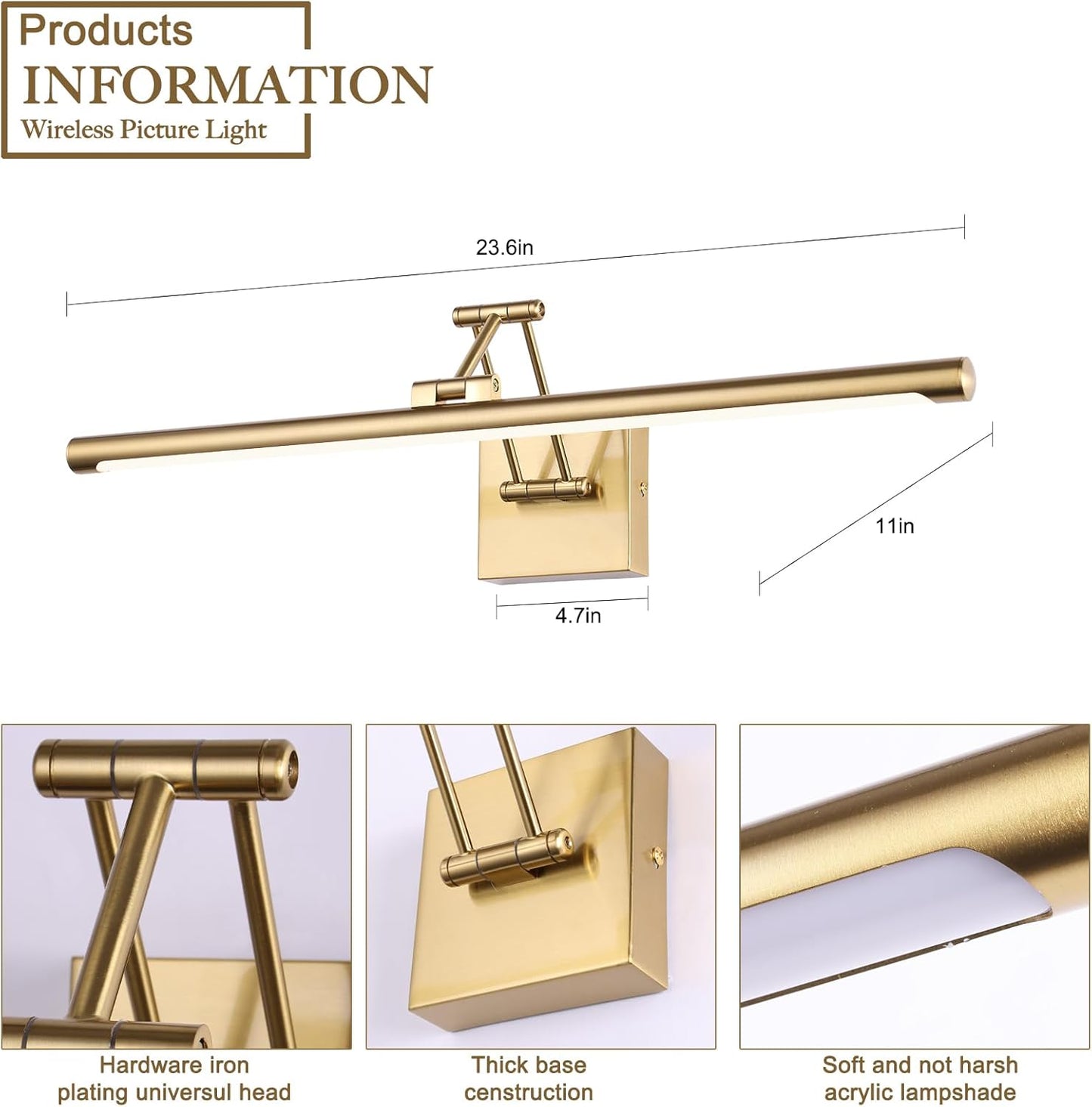 Brass Picture Light for Painting LED Gold Art Light Hard-Wired Picture Frame Lights 24 Inch Gallery Wall Light Modern Painting Lamps with Adjustable Swing Arm Display Lamp for Wall Artwork Warm White