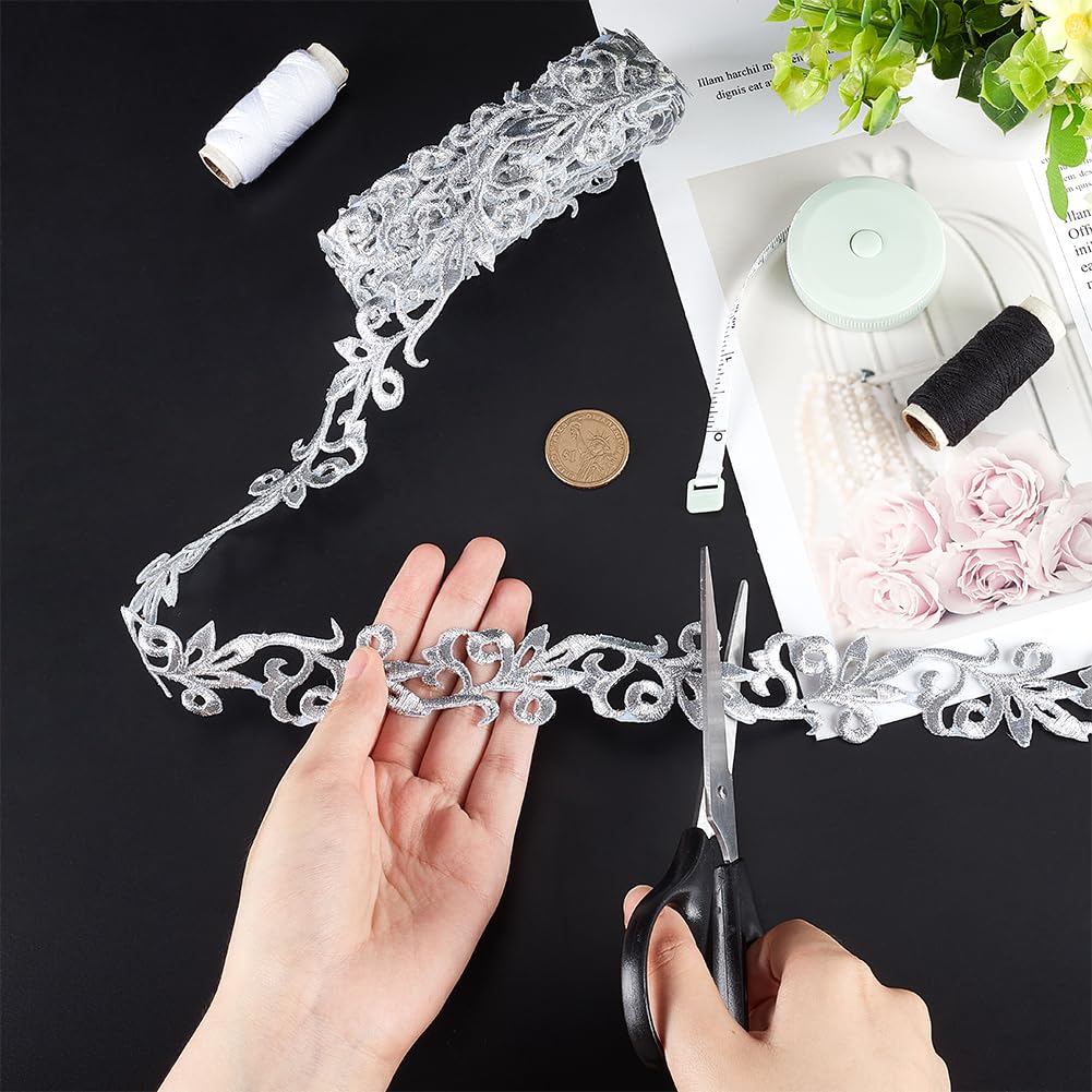 NBEADS About 4.37 Yards(4m) Silver Embroidery Polyester Ribbons, 1.38" Wide Metallic Lace Trim Iron on Metallic Flower Lace for Sewing Costumes Gowns Home Decor Garment Accessories, Thick:1.5mm