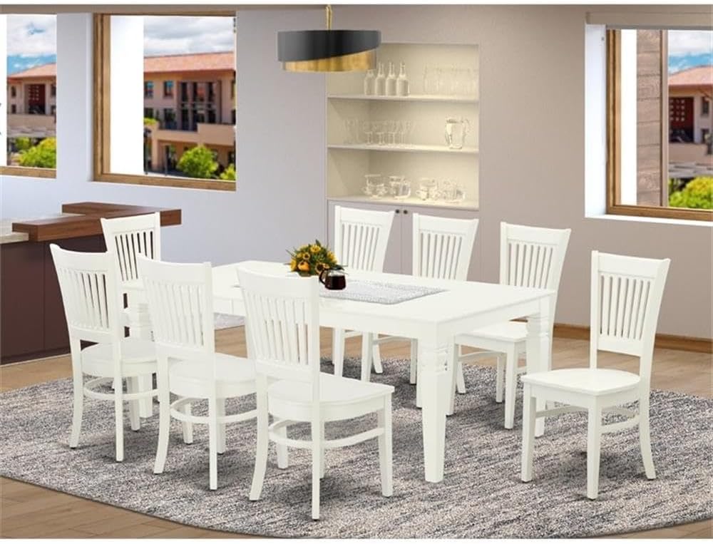 East West Furniture LGVA9-LWH-W 9 Piece Dining Table Set Includes a Rectangle Dining Room Table with Butterfly Leaf and 8 Wood Seat Chairs, 42x84 Inch, Linen White