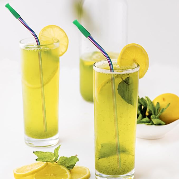 Alipis 16Pcs Stainless Steel Straws with Silicone Tips and Cleaning Brush Reusable Smoothie and Cocktail Drinking Straws with Portable Storage Bag Food-grade for Cold Hot Drinks