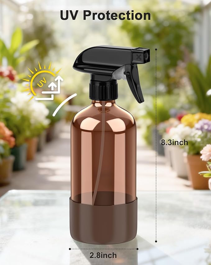 Amber Glass Spray Bottle with Silicone Sleeve Protection, 16 oz Refillable Spray Bottle for Cleaning Solutions, Plants, Aromatherapy, Facial Hydration (Brown Sleeve(Amber Bottle)