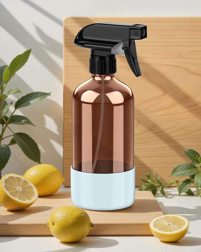 Amber Glass Spray Bottle with Silicone Sleeve Protection, 16 oz Refillable Spray Bottle for Cleaning Solutions, Plants, Aromatherapy, Facial Hydration (Blue Sleeve(Amber Bottle)