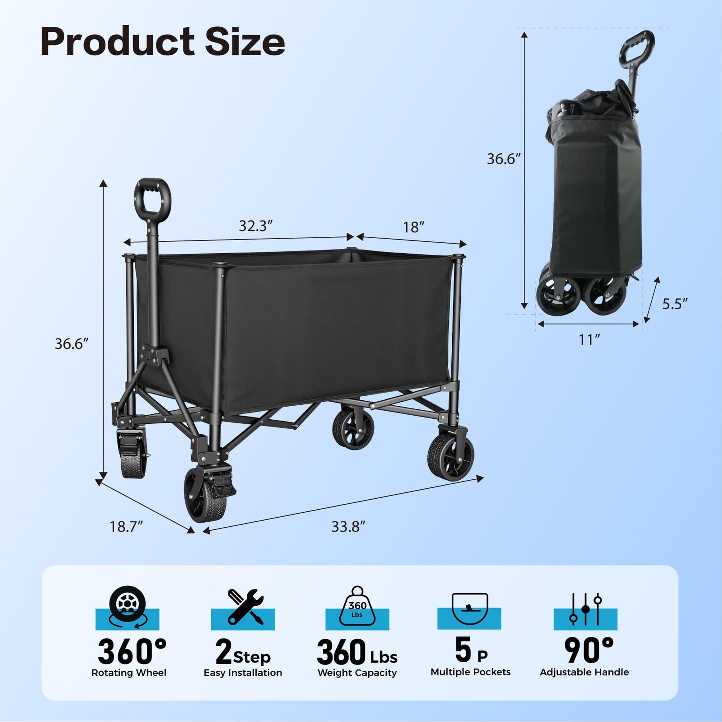 Collapsible Wagon Carts 140L with Waterproof Cover, 360LBS Heavy Duty Foldable Grocery Cart with Detachable Side Pouch & 360° Front Wheels for Garden,Camping, Shopping, Outdoor Sports (Black)