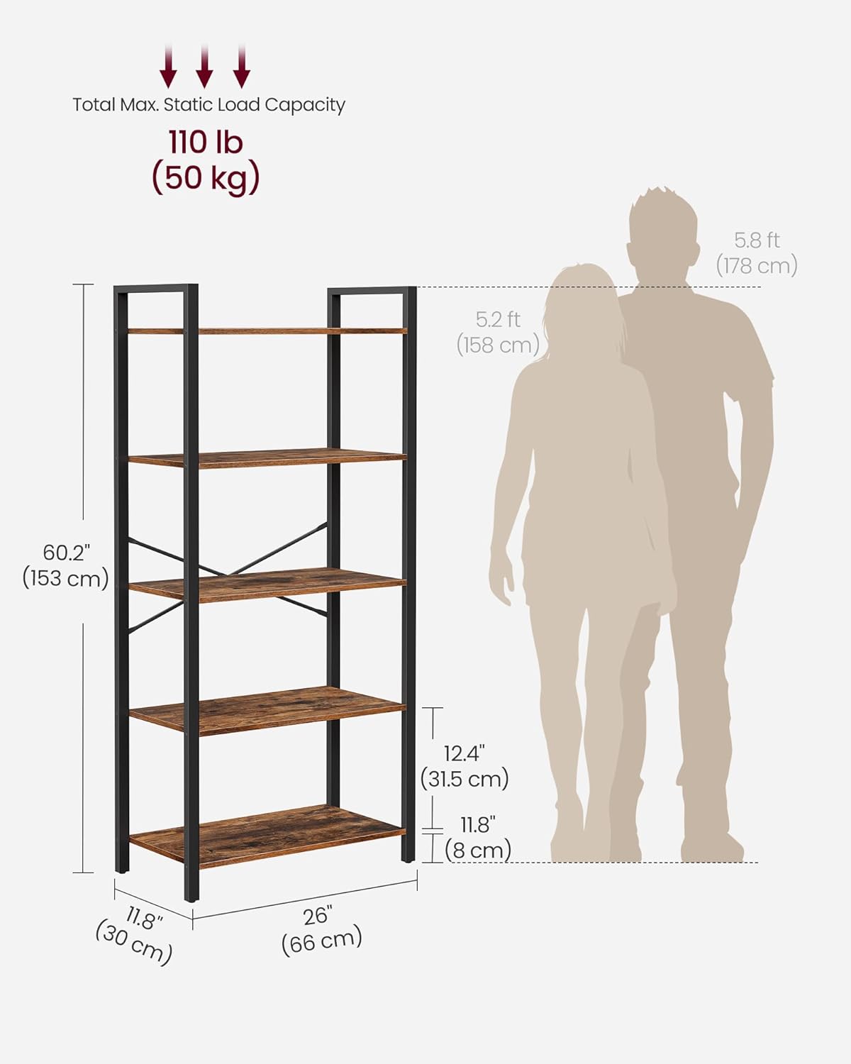 VASAGLE 5-Tier Bookshelf, Bookcase with Steel Frame, Book Shelf for Living Room, Home Office, Study, 11.8 x 26 x 60.2 Inches, Industrial Style, Rustic Brown and Ink Black ULLS061B01