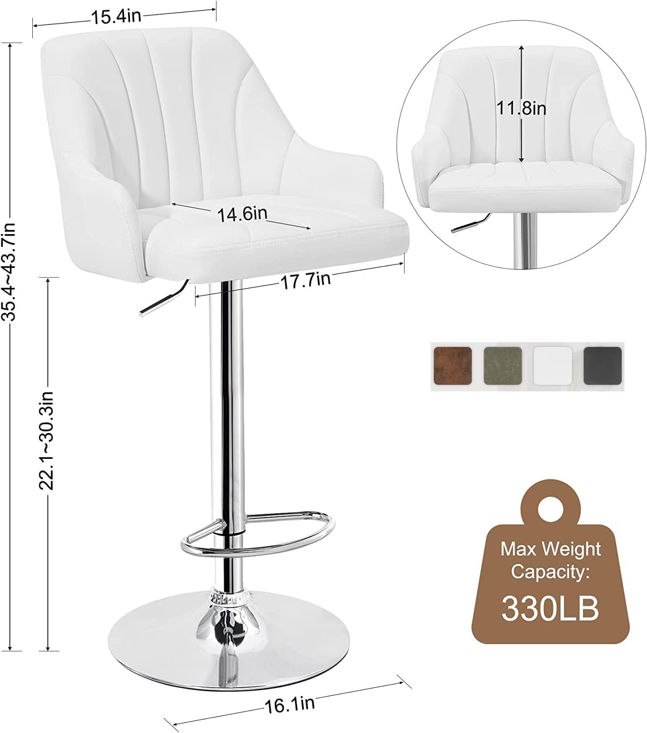 VECELO Bar Stools Set of 4, Adjustable Barstools, Counter Height Stools with Back and Arm, Kitchen Island Stools, Swivel PU Chairs for Pub, Dining Room, Modern Style, White