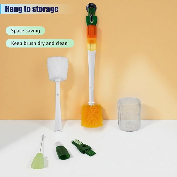 Five-in-one Bottle Brush Set (1Pc Green), Long Handle Bottle Cleaning Brush Straw Brush Nipple Brush Hard-Corner Brush for Sports Water Bottles Caps Mugs Glasswares Tumblers Wine Decanters