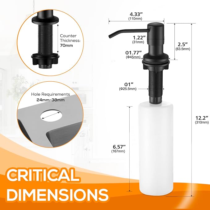 Built in Soap Dispenser for Kitchen Sink Matte Black Stainless Steel Pump Head, Counter Soap Dispenser Refill from The Top with 17 Oz PE Bottle