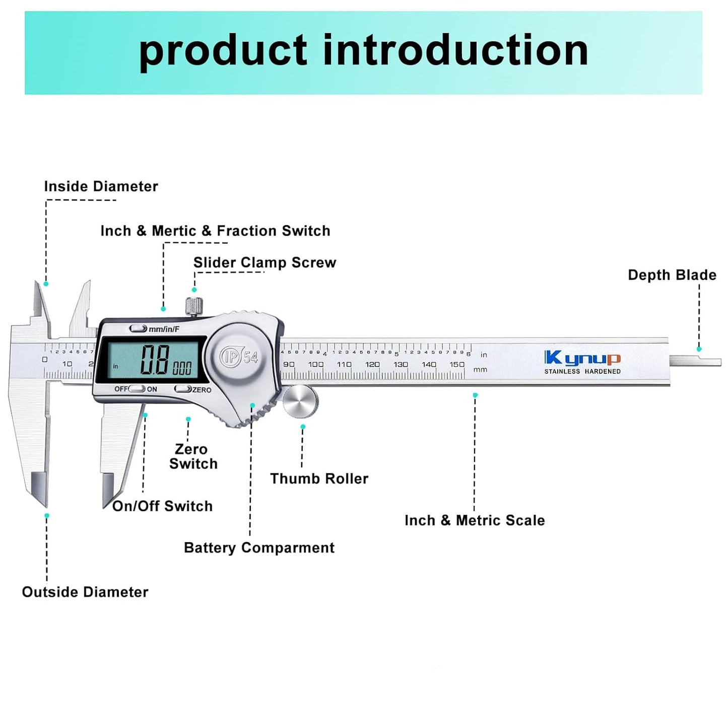 Kynup Digital Caliper, Caliper Measuring Tool Outside Micrometer, Vernier Dial Caliper, 6 Inch Caliper DIY Tool, Stainless Steel, IP54 Splash Proof, Inch Metric Fraction Switch, Large LCD Screen
