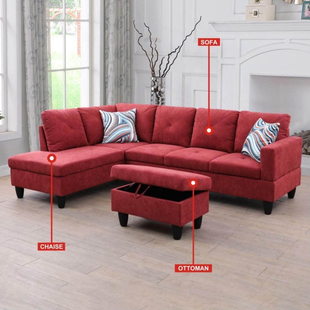 Red L-Shaped 3-Piece Flannelette Sofa with Storage Ottoman Set, Sectional Couch Sofa Set for Living Room, Office, Small Space