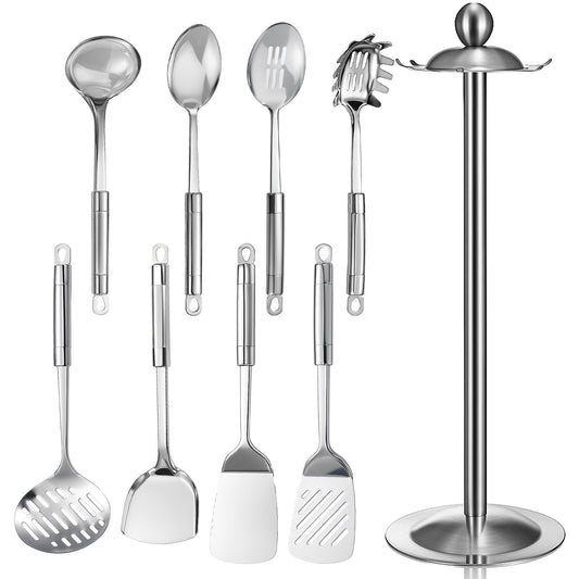 LemonRoad 9 Pcs 18/0 Stainless Steel Cooking Utensils Set Metal Kitchen Utensil Set with Holder, Dishwasher Safe, Adult Home Cooking Housewarming Daily Use