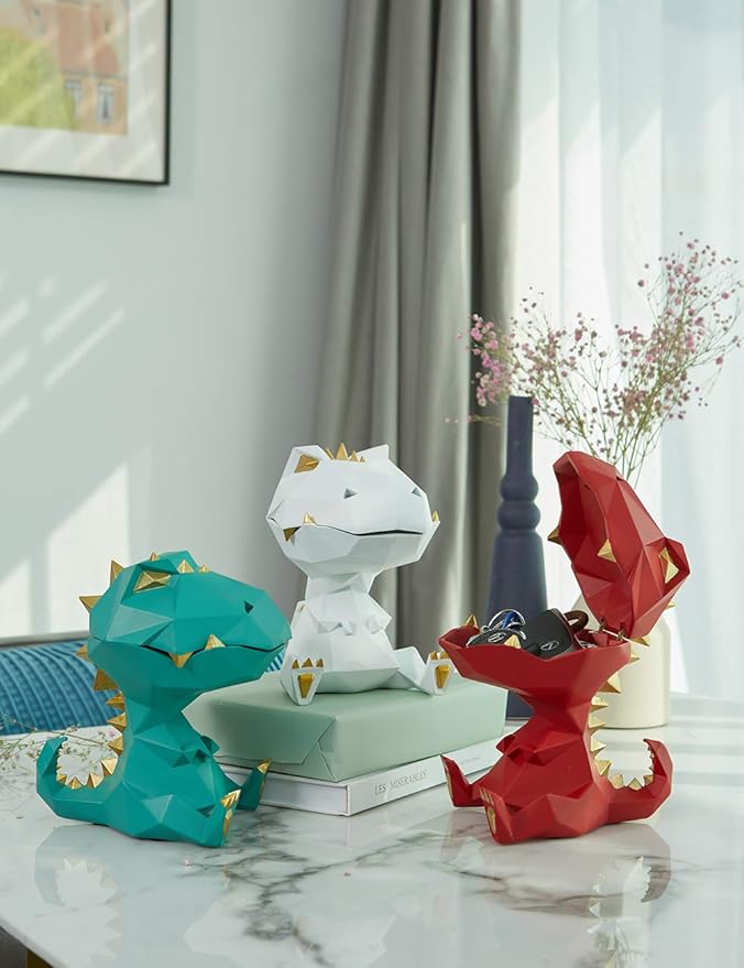 HAUCOZE Dinosaur Statue Candy Dish Key Bowl Dino Gifts Sculpture Modern Home Decor Accessories Pop Arts Polyresin Cookie Jar Green 7.5 inch