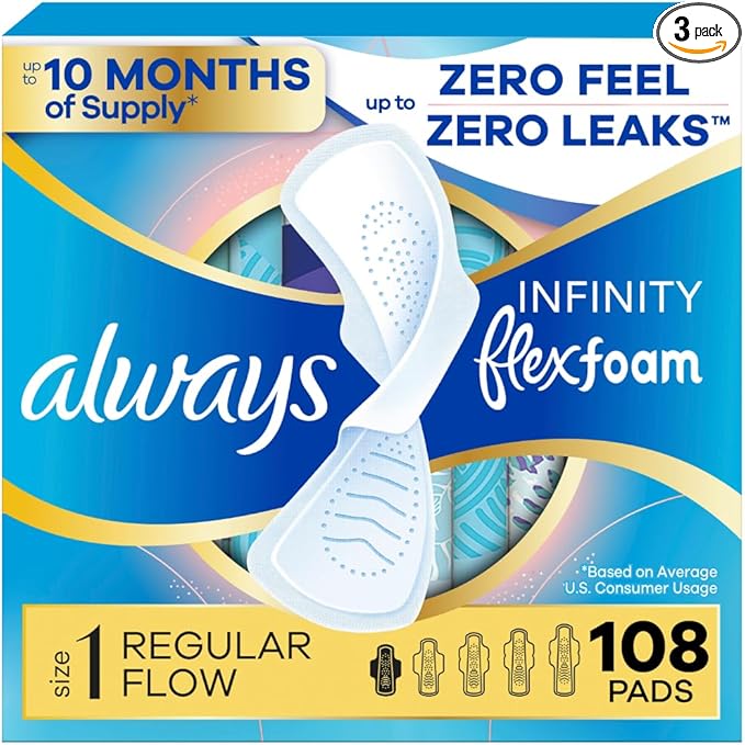 Always Infinity Feminine Pads for Women, Flexfoam Pads with Wings, Size 1, Regular Absorbency, Unscented, 108 Count (3 Packs of 36)