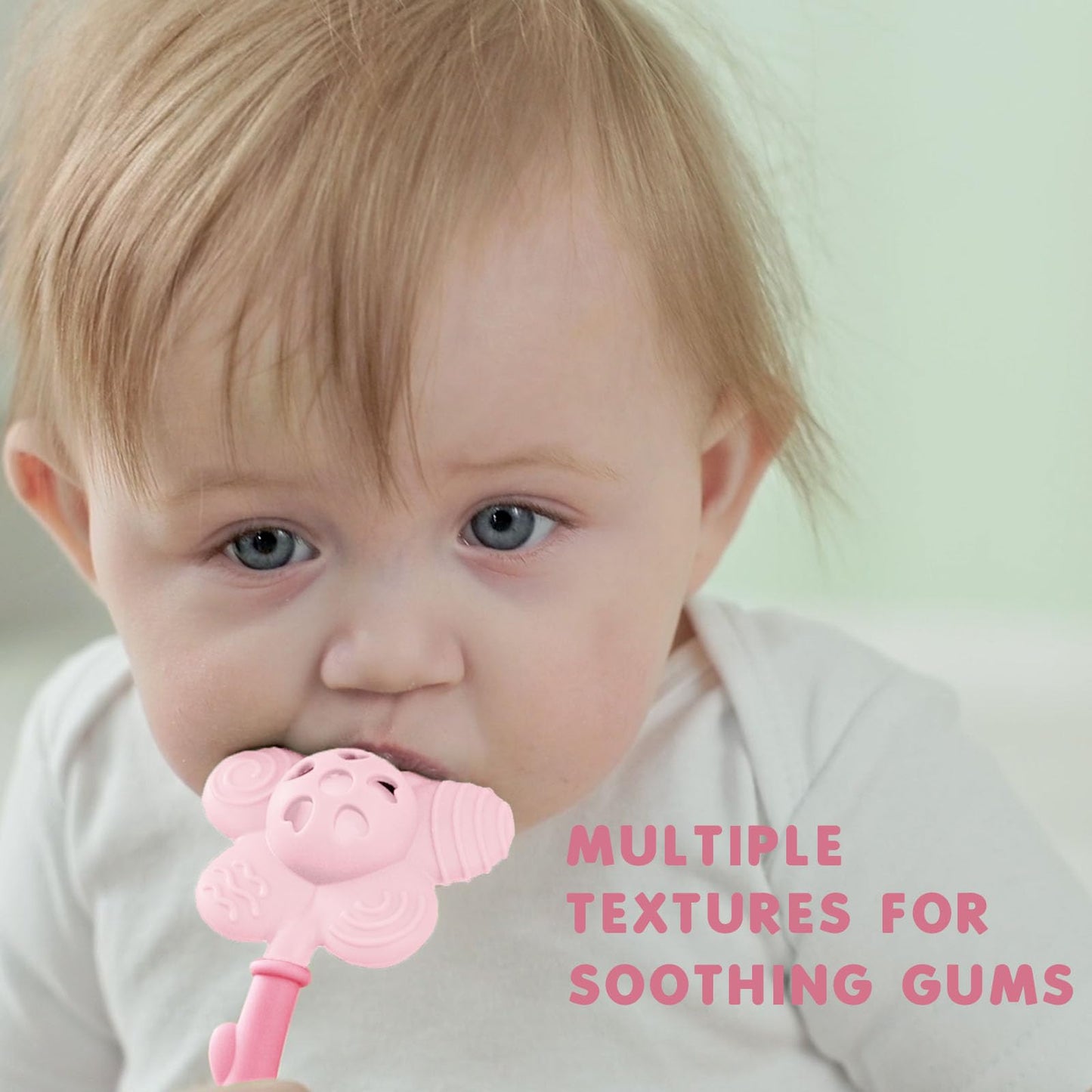 Baby Teething Toys 3-6 Months, Teether and Sensory Rattle for Babies 0-6 Months, Food Grade Silicone Teethers 6-12 Months, Infant Teething Relief Chew Toys, Sunnyflower Teether Toy BPA Free - Pink