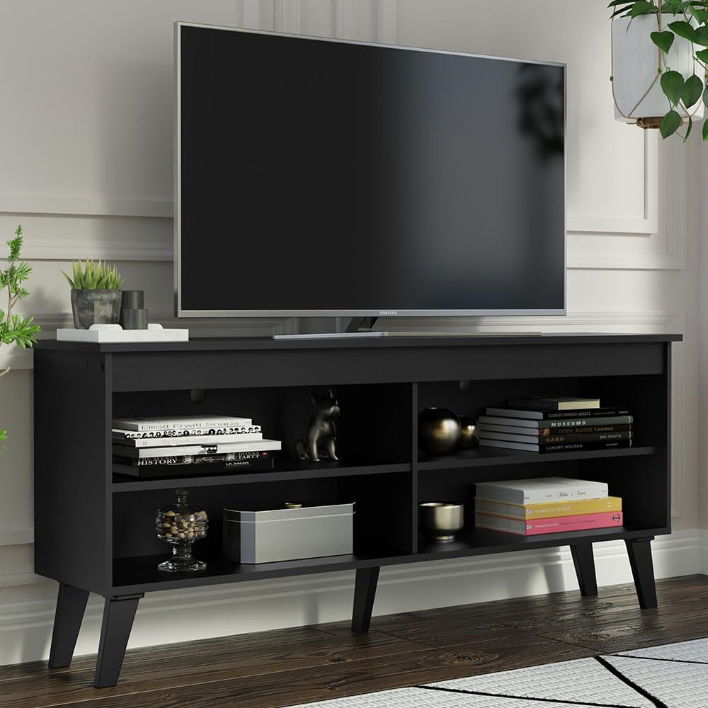 Madesa Compact TV Stand Cabinet with 4 Shelves and Cable Management for 50, 55 Inch TV Media Storage Unit Living Room and Bedroom Modern Wooden Television Media Console - Black