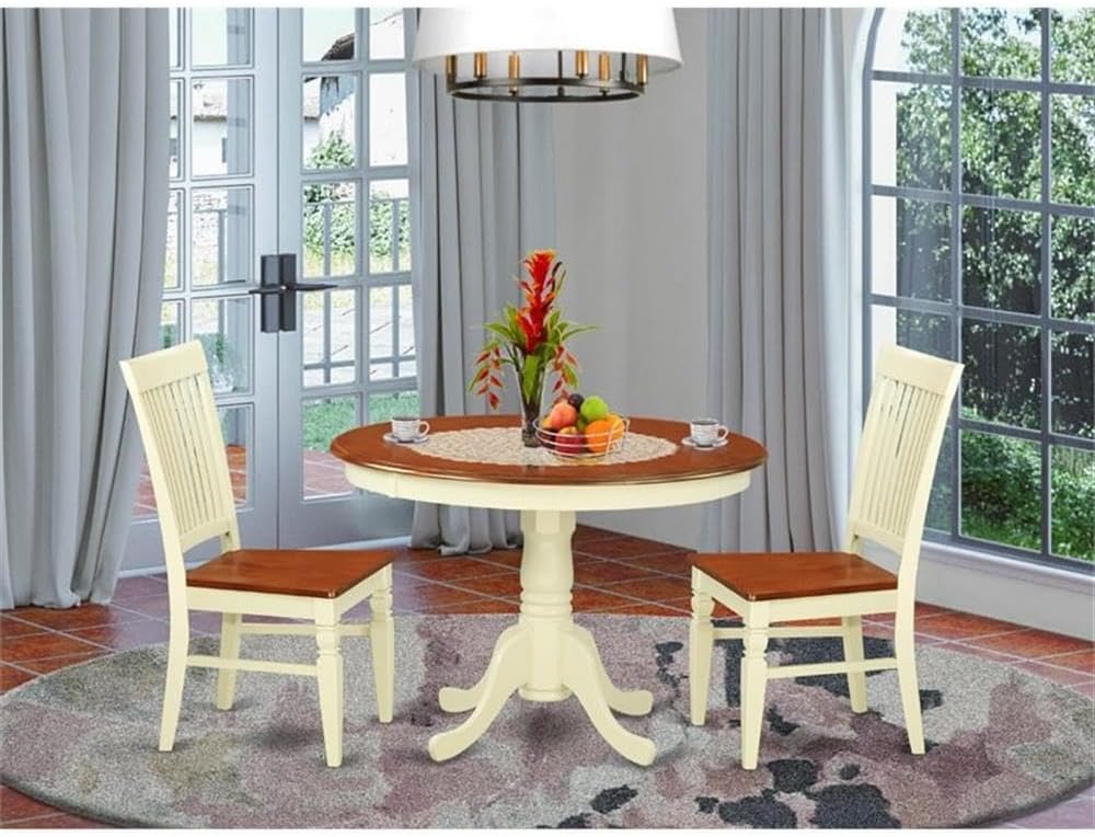 East West Furniture HLWE3-BMK-W 3 Piece Dinette Set for Small Spaces Contains a Round Dining Table with Pedestal and 2 Dining Chairs, 42x42 Inch, Buttermilk & Cherry
