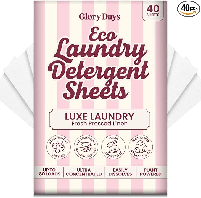 Glory Days Eco Laundry Detergent Sheets – Luxe Laundry (Fresh Pressed Linen) | 40 Sheets = Up to 80 Loads | Enzyme‑Powered, Plastic‑Free, Hypoallergenic | HE, Top & Front Load | Travel‑Friendly
