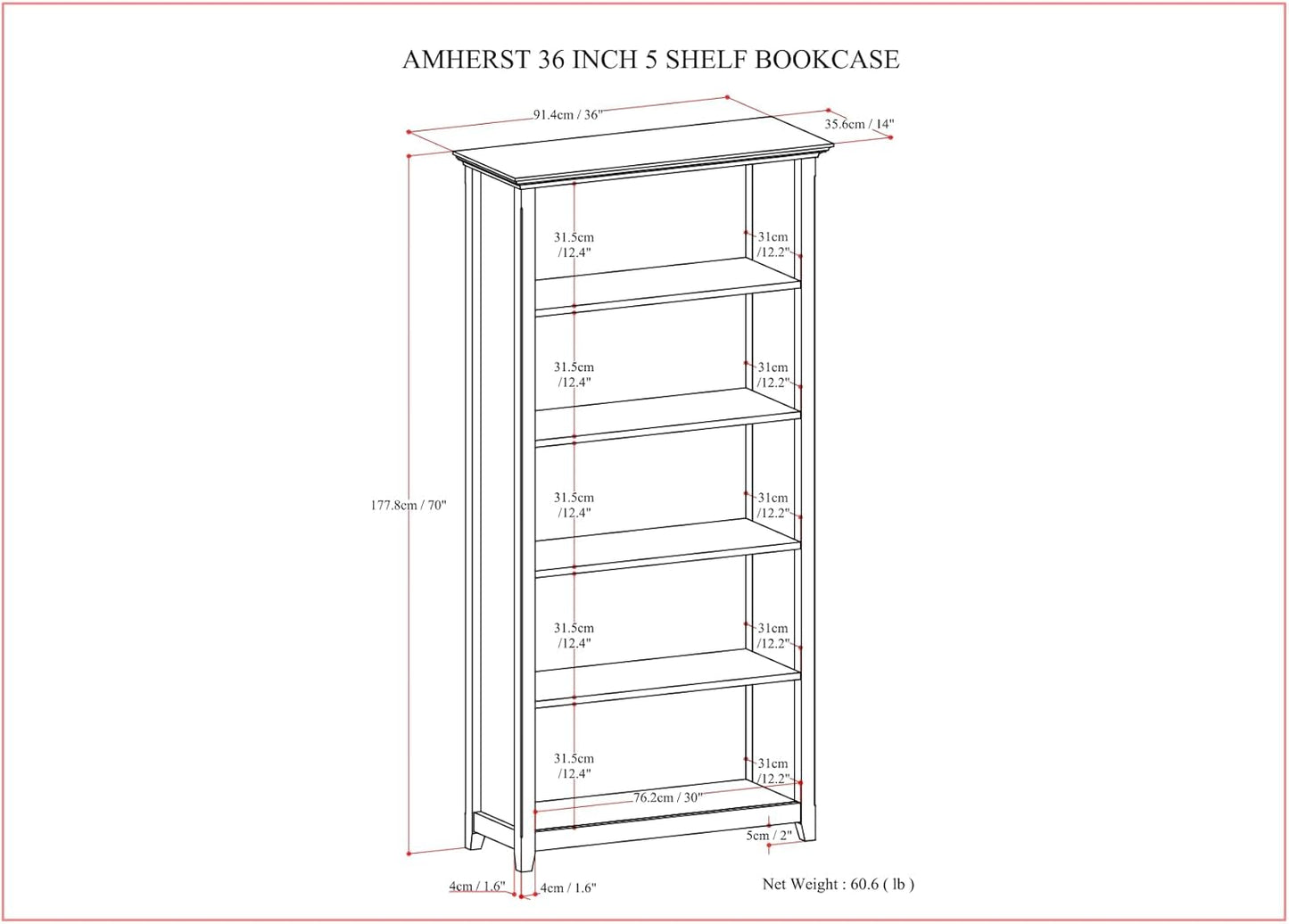 SIMPLIHOME Amherst Bookcase - 70 inch Tall 5-Shelf Solid Wood Bookshelf in Hickory Brown, Transitional Storage for Living Room, Study Room or Office with Adjustable Shelves and Tapered Legs