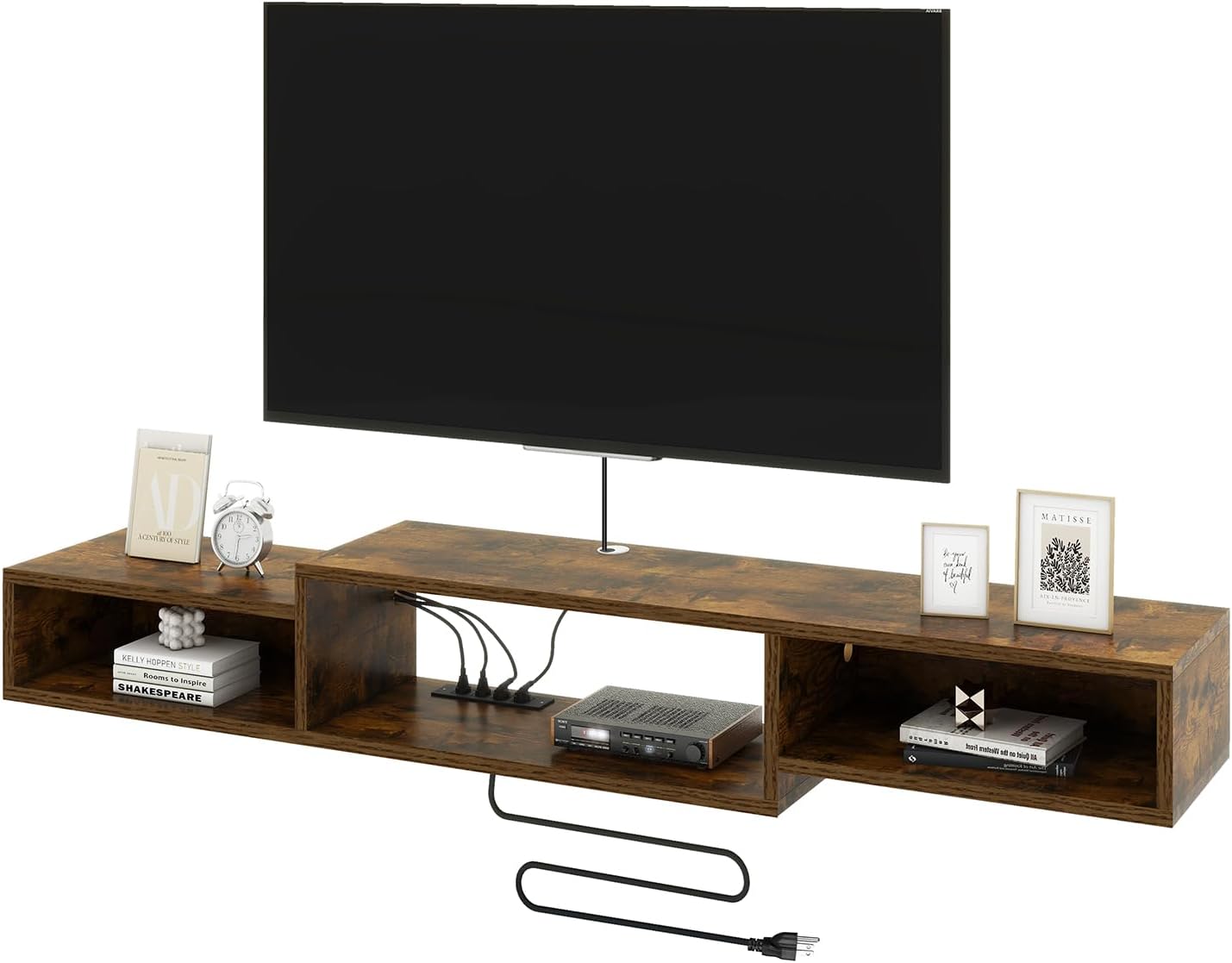 IBUYKE 71" Floating TV Stand Wall Mounted with Power Outlet,Wood Wall Mounted Media Console Shelf,Floating Entertainment Center for Under TV Storage for Living Room Bedroom Office,Rustic Brown WST008H