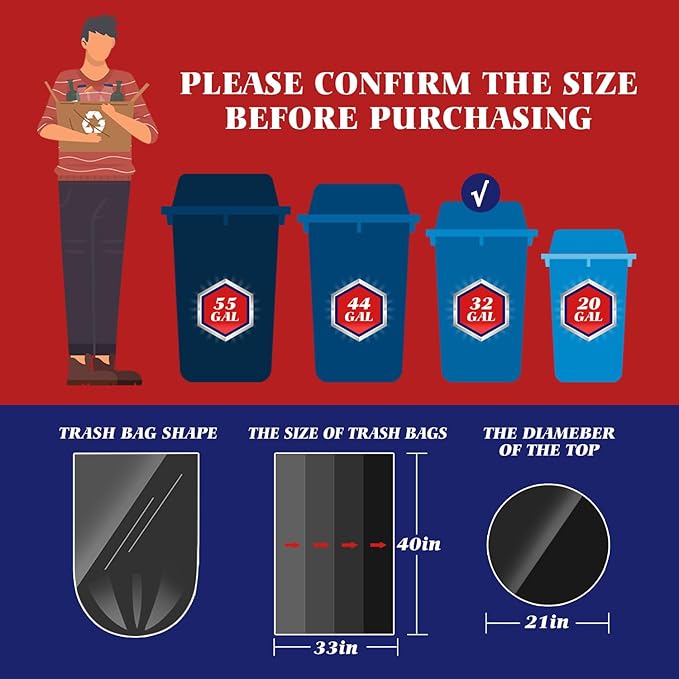 30-33 Gallon 48 Counts Large Black Trash Bags All Purpose Garbage Bags by Teivio, Large Trash Can Liners for Home, Kitchen, Office, Light Residential or Commercial Waste, Outdoor Lawn and Leaf Bags