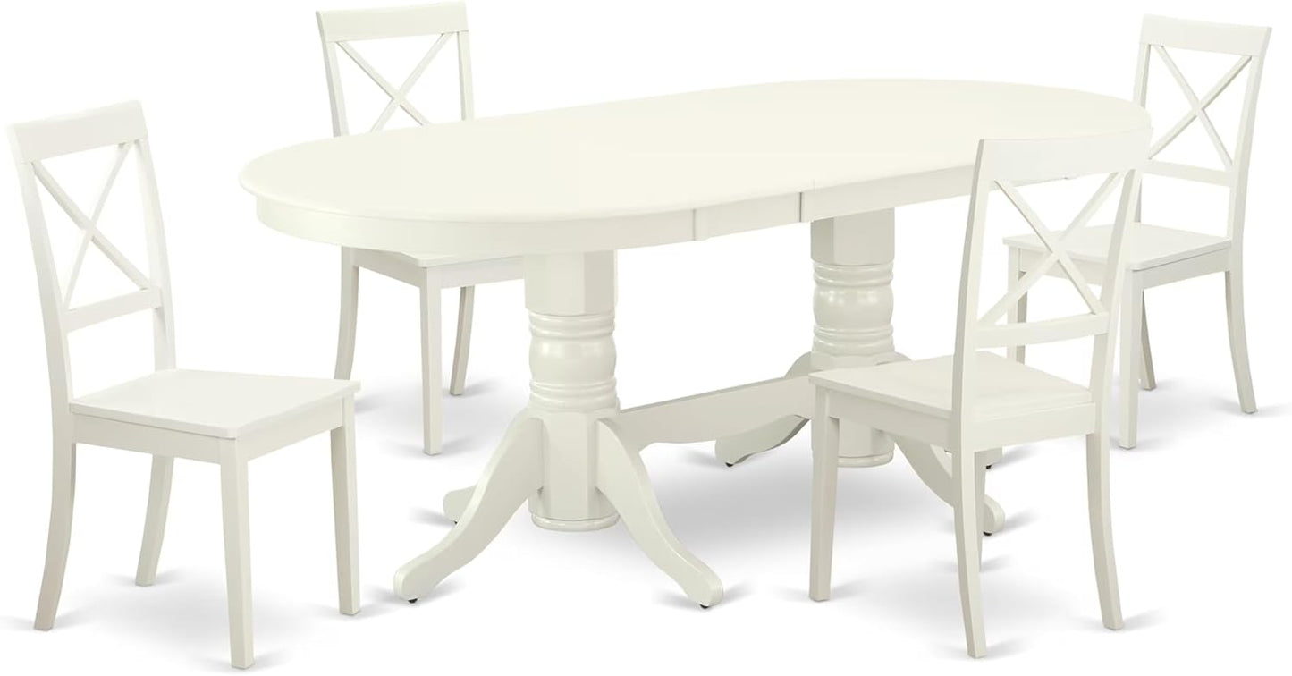 East West Furniture VABO5-LWH-W 5 Piece Kitchen Table Set for 4 Includes an Oval Dining Room Table with Butterfly Leaf and 4 Solid Wood Seat Chairs, 40x76 Inch, Linen White